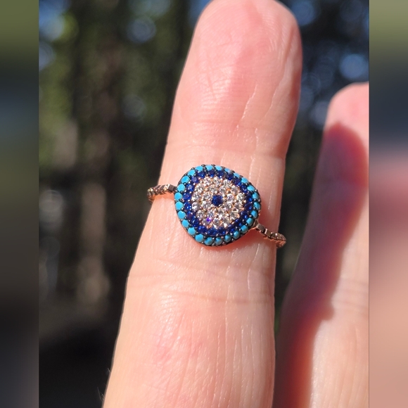 Sapphire Turquoise & Topaz Sterling & Gold Evil eye adjustable ring - Picture 6 of 10